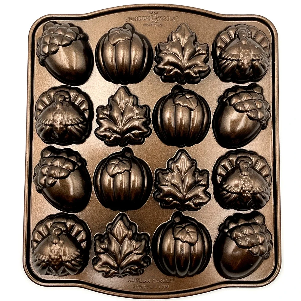 Autumn Fall Acorn Maple Leaf Turkey Pumpkin Cakelet Loaf Pan Nordic Ware 3 Cup